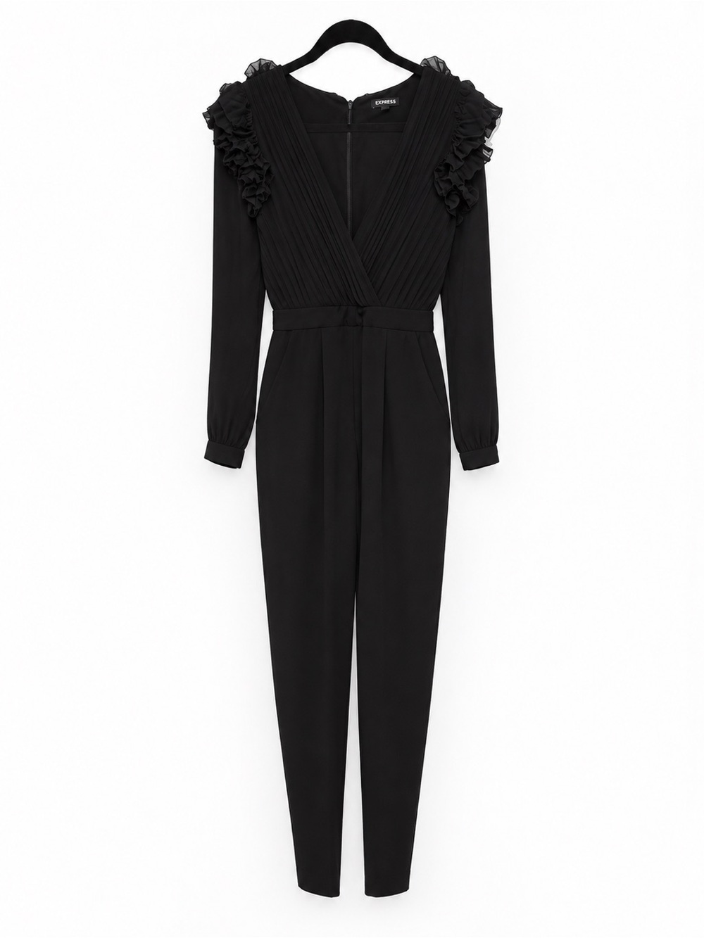 Express Black Ruffle-Shoulder V-Neck Jumpsuit